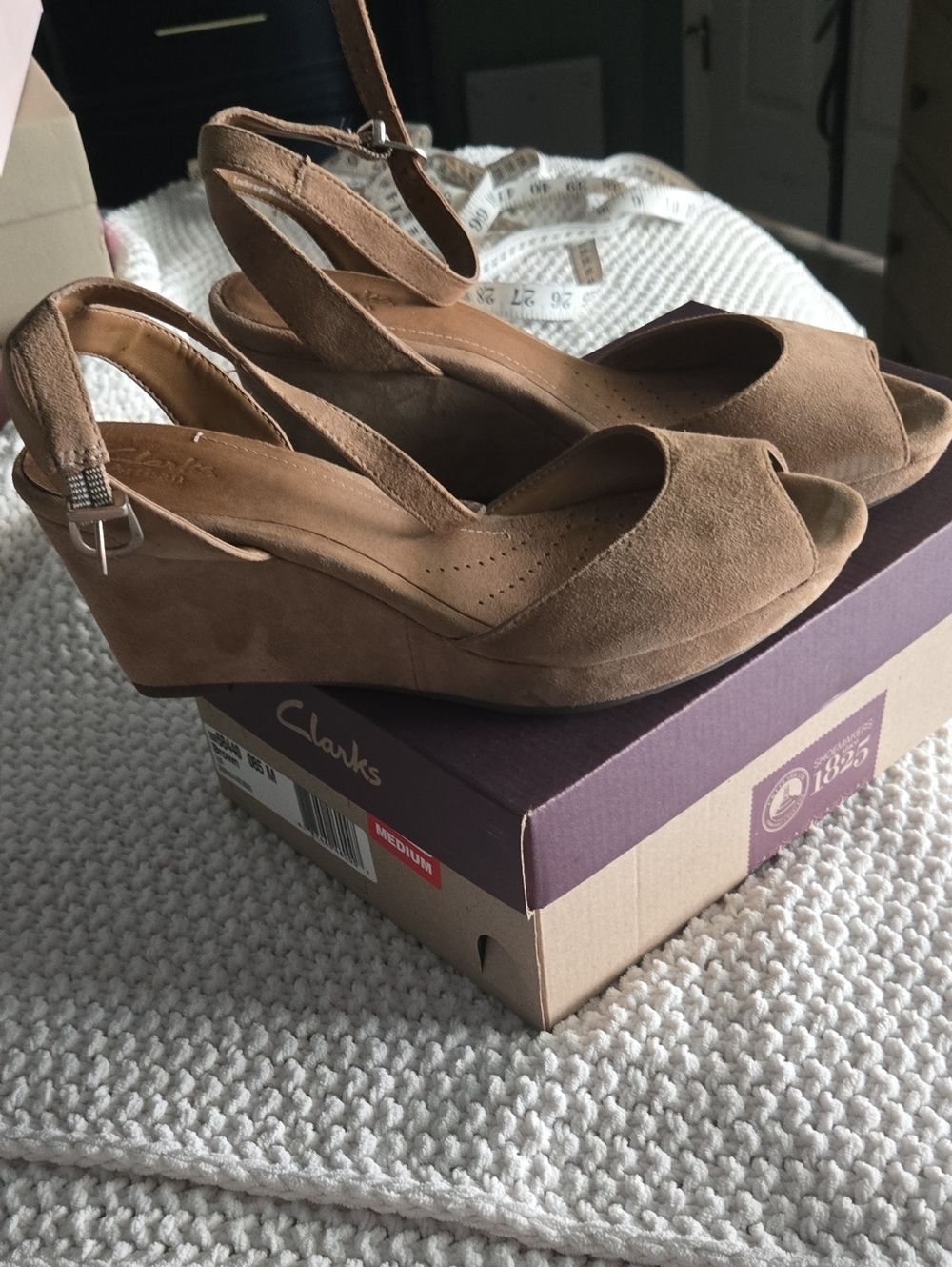 Clarks Brown Suede Peep Toe Ankle Strap Wedge Sandals
